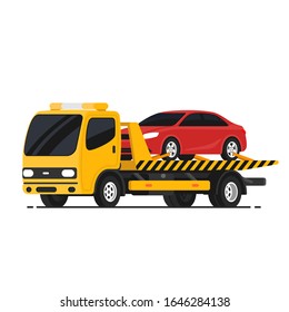 Tow truck with broken car. Roadside assistance. Transportation faults. Emergency car. Isolated vector Illustration on white background.