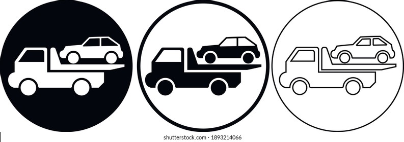 tow truck with car icon. flat and line style. set