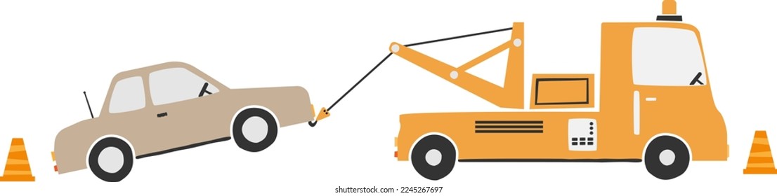 tow truck with car on the hook, scandinavian style vector illustration for children