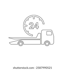 Tow Truck Car Towing 24 Hour Service. Thin Line Vector Icon.