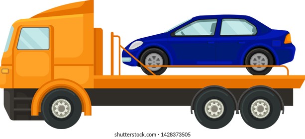 Tow truck carries a car on the platform. Vector illustration on white background.