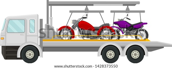 Tow truck carries motorbikes. Vector\
illustration on white\
background.