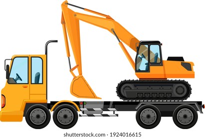 Tow truck carrying big crane tractor on isolated background illustration