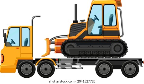 Tow truck carrying bulldozer isolated background illustration