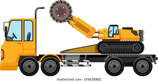 Tow truck carrying construction car isolated on white background illustration