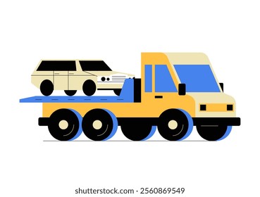 Tow Truck Carrying A Sedan In Flat Vector Illustration Symbolizing Vehicle Transportation, Emergency Roadside Assistance, And Automotive Services, Isolated On White Background