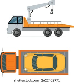Tow truck carrying a yellow car, flatbed view