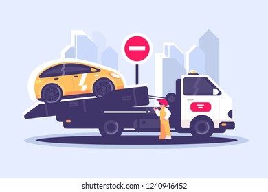Tow truck city road assistance service evacuator. Worker evacuating yellow car near sign no entry flat style concept vector illustration. Cityscape background