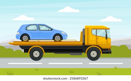 Tow Truck City Road Assistance Service Vector Illustration