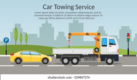 Tow truck city road assistance service evacuator Online car help Flat design vector background illustration set