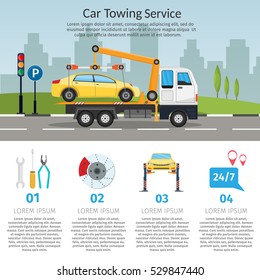 Tow Truck City Road Assistance Service Evacuator Online Car Help Flat Design Vector Background Illustration Set