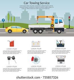 Tow truck city road assistance service evacuator of Online car help Flat design vector background illustration set