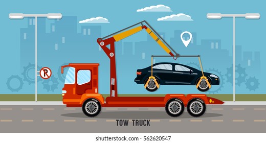 Tow truck in the city, tow truck transports the car, parking fine 
