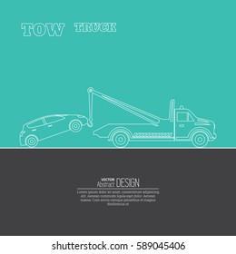 Tow truck concept. Tow truck evacuating the car. Round the clock evacuation of cars. Design can be used as a logo, a poster, advertising, singboard. Vector element of graphic design. Thin line style