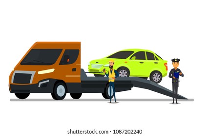 Tow truck delivers the car violation of Parking rules. Vector illustration in flat style.