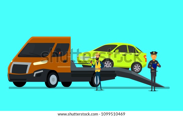 Tow truck delivers the car\
violation of Parking rules. Vector illustration in flat\
style.