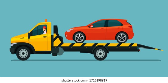 Tow truck with a driver carries a hatchback car. Vector flat style illustration.