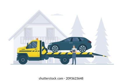 Tow truck with driver and loaded faulty car. Vector illustration.