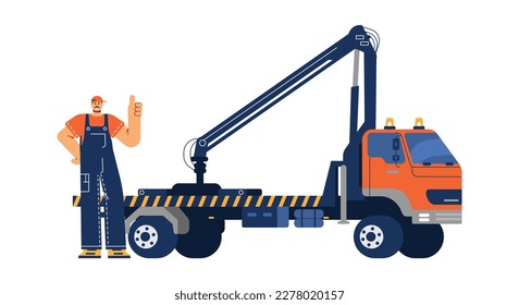 Tow truck driver or repair service worker, flat vector illustration isolated on white background. Happy man in front of wrecker or recovery truck for damage and improperly parked cars.