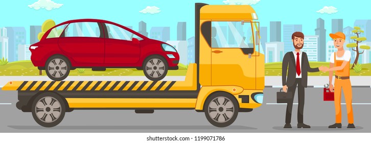 Tow Truck and Driver Services in City. Transportation company Business. Tow Truck Service and cityscape Concept. Car Evacuation, Roadside Assistance and Emergency Services. Vector Flat Illustration.