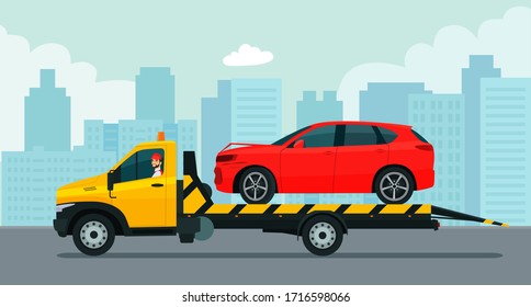 A tow truck with a driver transports a broken SUV car against the backdrop of the cityscape. Vector flat style illustration.