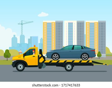 A tow truck with a driver transports a sedan car against the backdrop of the cityscape. Vector flat style illustration.
