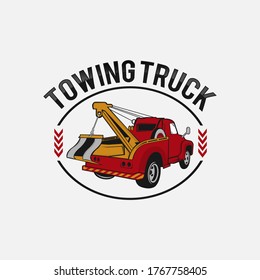 Tow truck emblem. Wrecker icon. Round the clock evacuation of cars. Design can be used as a logo, a poster, advertising, signboard. Vector element of graphic design