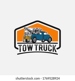 Tow truck emblem. Wrecker icon. Round the clock evacuation of cars. Design can be used as a logo, a poster, advertising, signboard. Vector element of graphic design