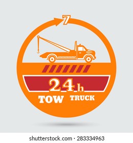 Tow truck emblem. Wrecker icon. Round the clock evacuation of cars. Design can be used as a logo, a poster, advertising, signboard. Vector element of graphic design