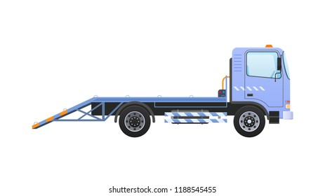 Tow truck with equipped winch, lifting transport to platform with ramps. Car for transportation of machines in service center, in case accident, breakage, road traffic accident. Vector illustration.