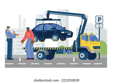 Tow Truck Evacuates The Car For Improper Parking And Policeman Issues A Fine To Owner Of Vehicle, Flat Cartoon Vector Illustration Isolated On White Background.