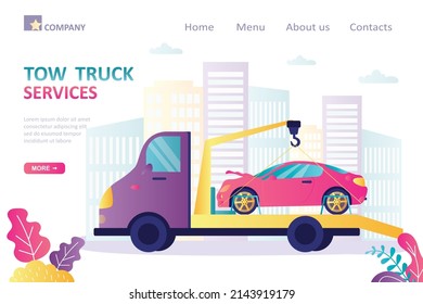 Tow truck evacuates wrecked car from scene of accident. Delivery of broken automobile to repair service. Evacuator with damaged auto after collision. Landing page template. Flat vector illustration