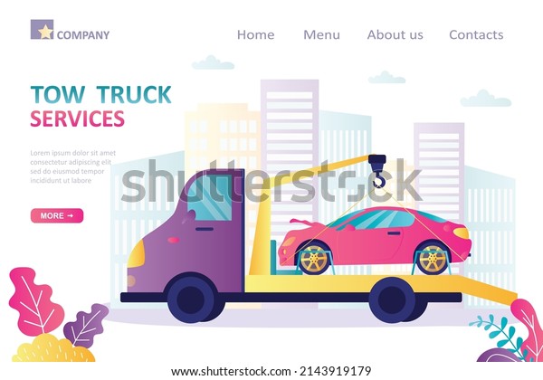 Tow truck evacuates wrecked car from scene\
of accident. Delivery of broken automobile to repair service.\
Evacuator with damaged auto after collision. Landing page template.\
Flat vector illustration