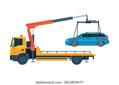Tow Truck Evacuating Blue Car, Road Assistance and Evacuation Service Flat Vector Illustration