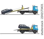 Tow truck. Evacuation vehicle. Roadside Assistance service. The faulty car was loaded onto a tow truck. Vehicle repair service that provides assistance to damaged or salvaged cars. Roadside assistance