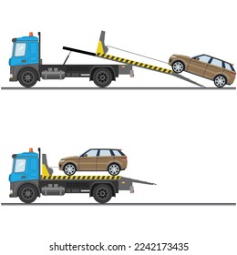 Tow truck. Evacuation vehicle. Roadside Assistance service. The faulty car was loaded onto a tow truck. Vehicle repair service that provides assistance to damaged or salvaged cars. Roadside assistance