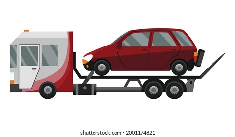 Tow truck. Flat faulty car loaded on a tow truck. Vehicle repair service which provides assistance damaged or salvaged cars