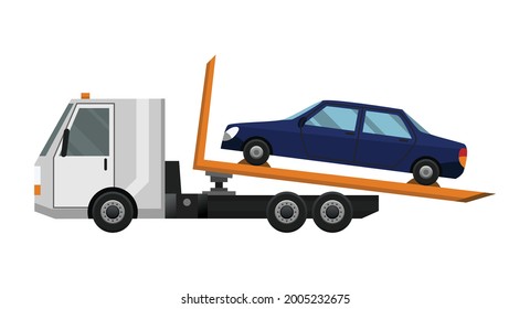 Tow truck. Flat faulty car loaded on a tow truck. Vehicle repair service which provides assistance damaged or salvaged cars