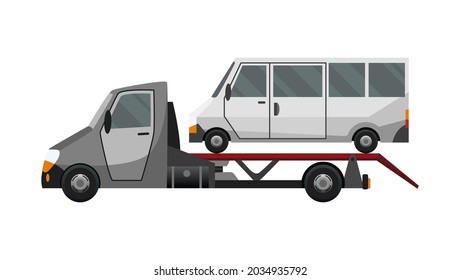 Tow truck. Flat faulty car loaded on a tow truck. Vehicle repair service which provides assistance damaged or salvaged cars