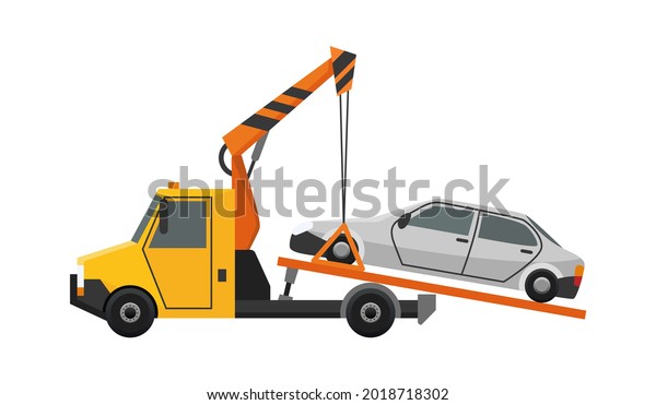 Tow truck. Flat faulty car loaded on a tow truck.\
Vehicle repair service which provides assistance damaged or\
salvaged cars