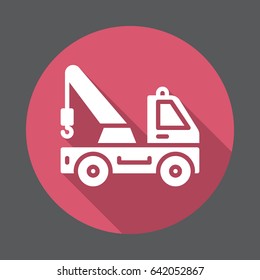 Tow truck flat icon. Round colorful button, circular vector sign with long shadow effect. Flat style design