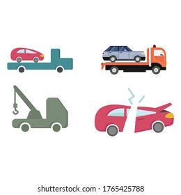 tow truck flat icon set with long shadow, broken car