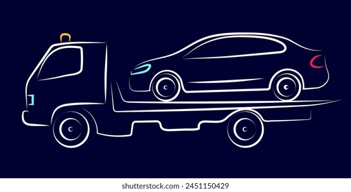 tow truck with full load, simple side view schematic illustration with white lines on a blue background