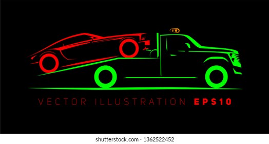 tow truck with full loading simple side view schematic image on black background	