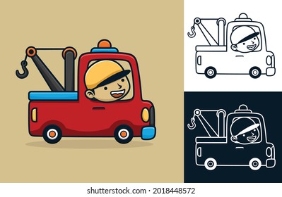 Tow truck with happy driver. Vector cartoon illustration in flat icon style