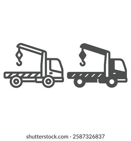 Tow truck with hook and platform line and solid icon, emergency service concept. Vector graphics. Car evacuation vehicle sign on white background, outline style icon for mobile or web design