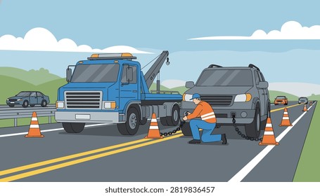 Tow truck hooked to a grey SUV with safety cones on a multi lane highway.