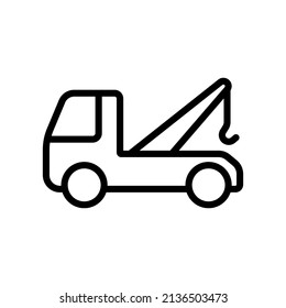 Tow truck icon. Black contour linear silhouette. Side view. Vector simple flat graphic illustration. Isolated object on a white background. Isolate.