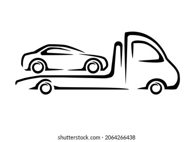 Tow truck icon in brush stroke style. Sketch of a car on a tow truck.