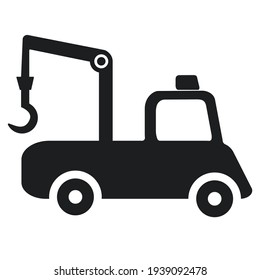 Tow truck icon. Evacuator. Car wrecker. Silhouette symbol. Negative space. Vector isolated illustration. Black silhouette. Vector drawing. Side view. Isolated object on a white background.